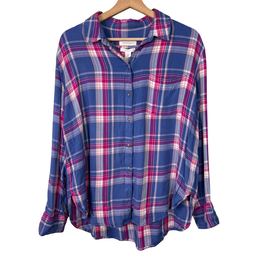 Treasure & Bond Blue‎ Pink Plaid Boyfriend Super Soft Button Up Shirt Womens Med